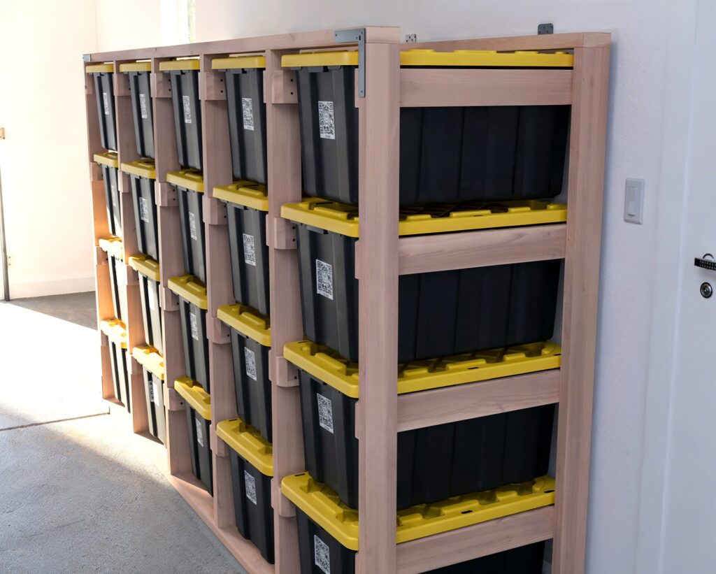 DIY 5x4 wooden storage rack for 27-gallon totes in a garage.