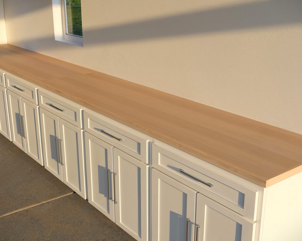 DIY cabinet counter made from 3/4 inch plywood with a wide top drawer and two cabinet doors, ideal for kitchen or garage setups.