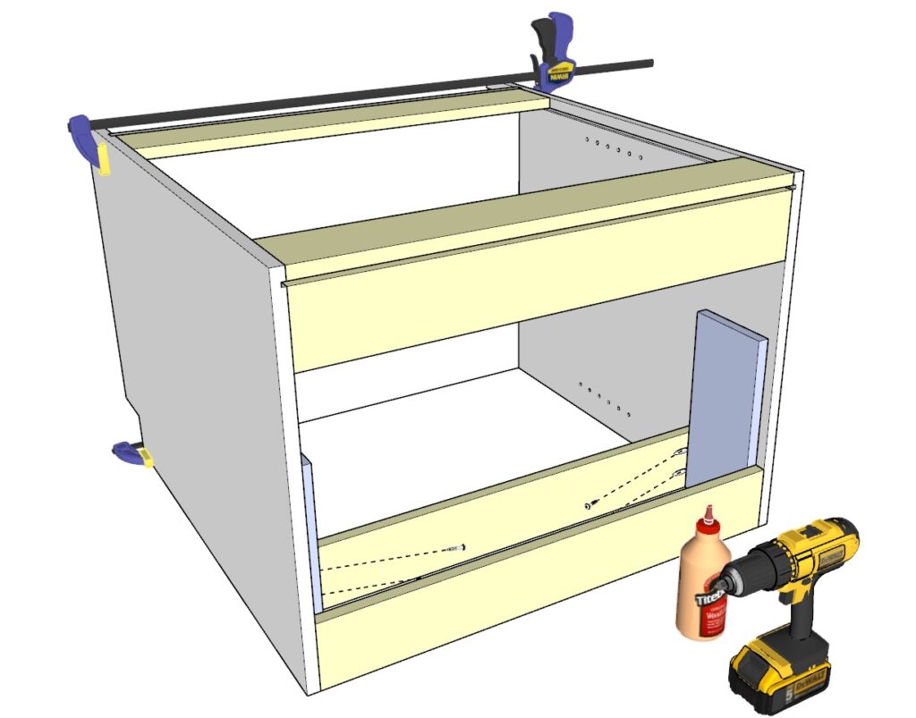 Using spacer to ensure proper placement of stretcher for the drawer housing