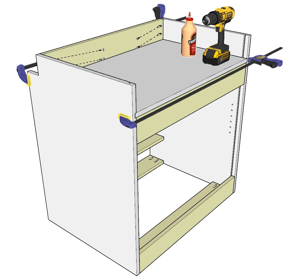 Adding final stretcher to the cabinet carcass