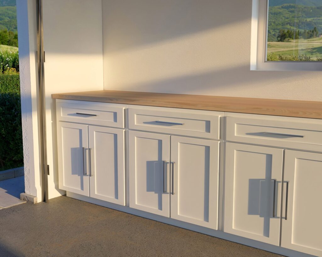 DIY cabinet counter made from 3/4 inch plywood with a wide top drawer and two cabinet doors, ideal for kitchen or garage setups.