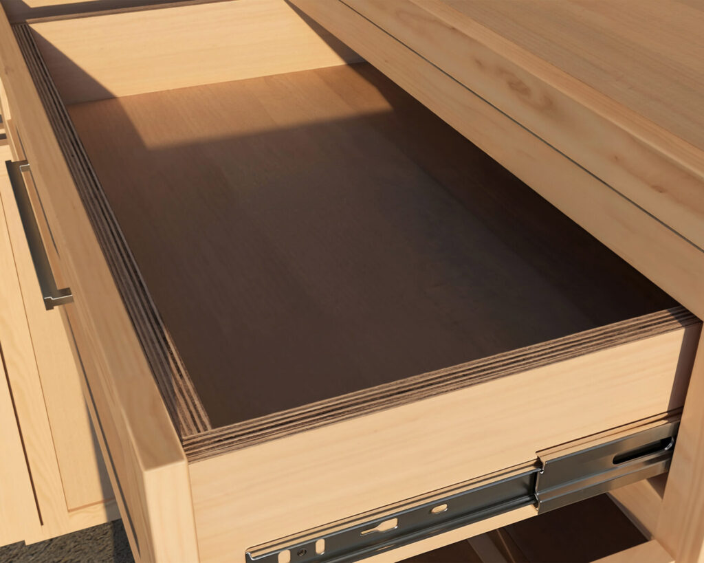 DIY cabinet counter made from 3/4 inch plywood with a wide top drawer and two cabinet doors, ideal for kitchen or garage setups.