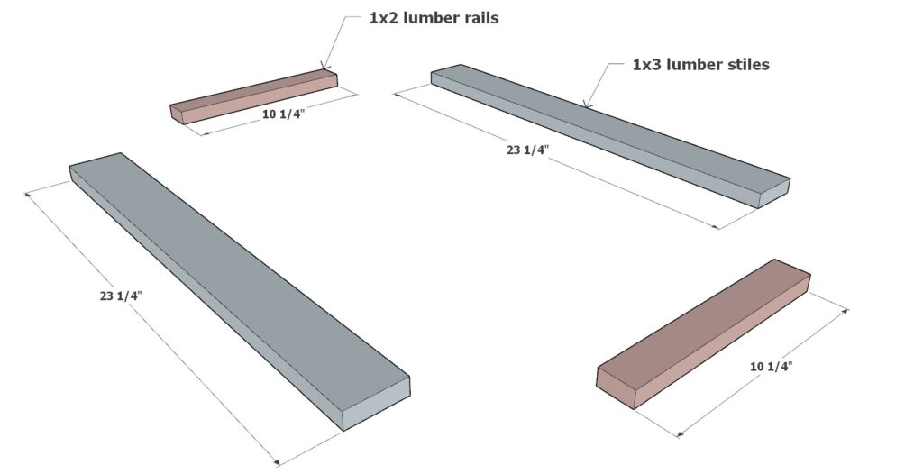 Shaker style cabinet door frame assembly pieces