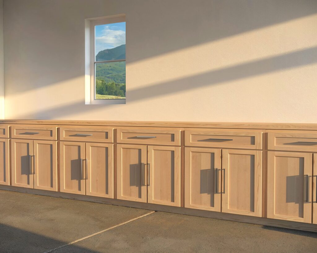 DIY cabinet counter made from 3/4 inch plywood with a wide top drawer and two cabinet doors, ideal for kitchen or garage setups.