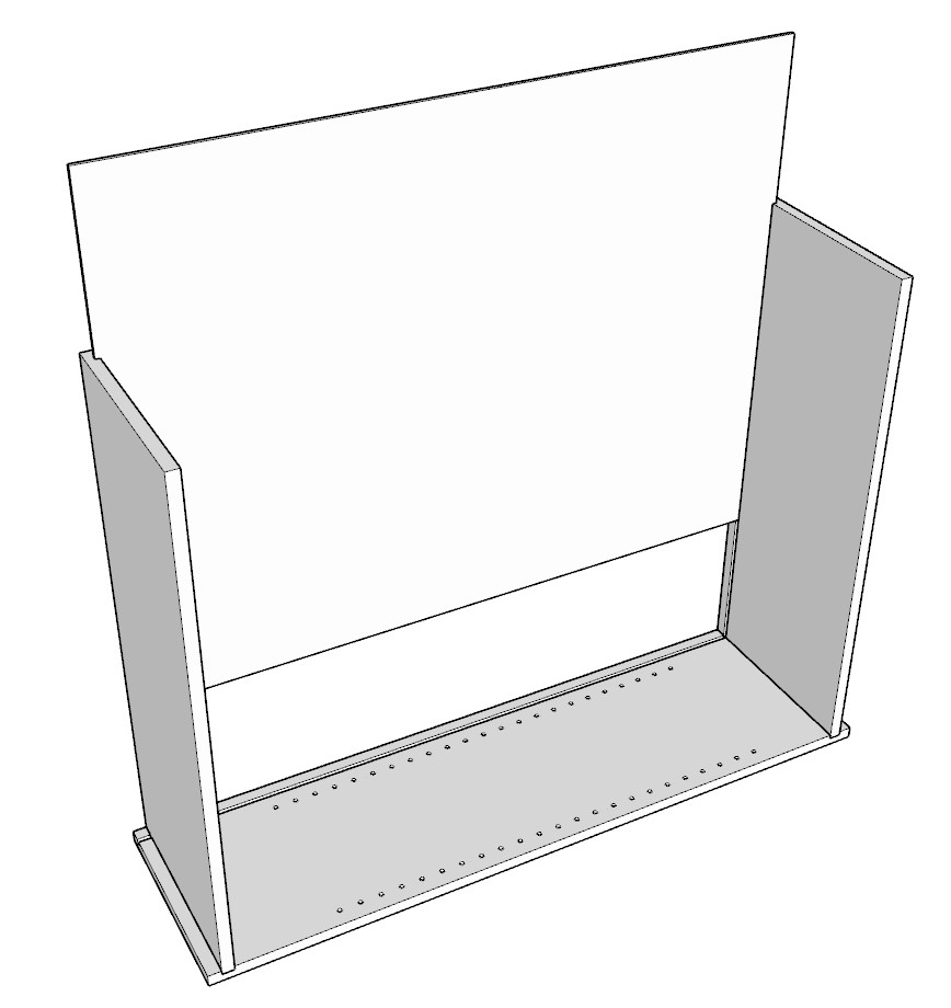 Securing the wall cabinet back panel into the floor and side panels.