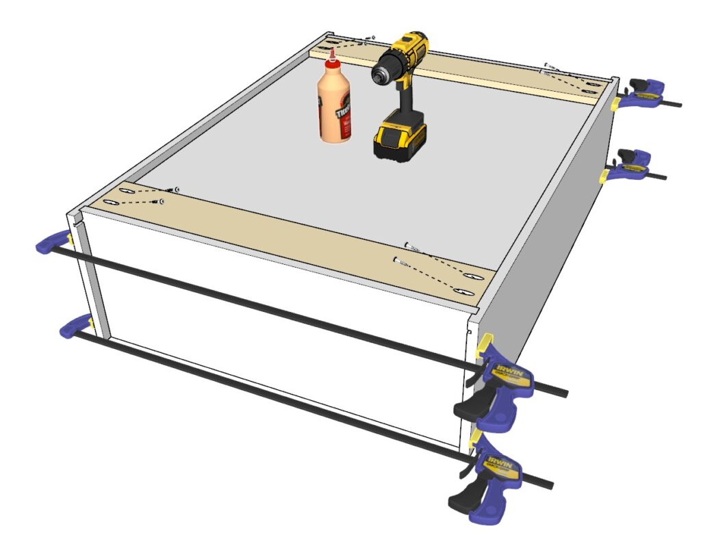 Adding the wall cabinet stretchers and predrilling pocket holes