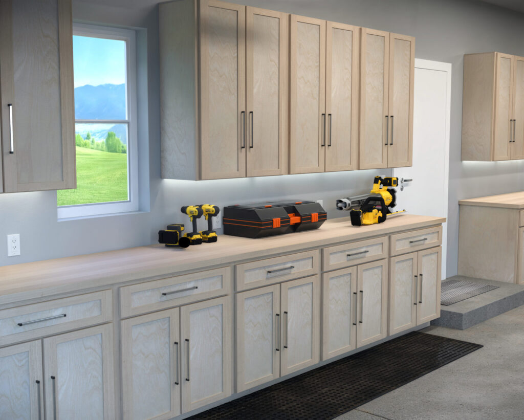 DIY garage wall and base cabinets designed for efficient storage, workspace organization, and tool accessibility.