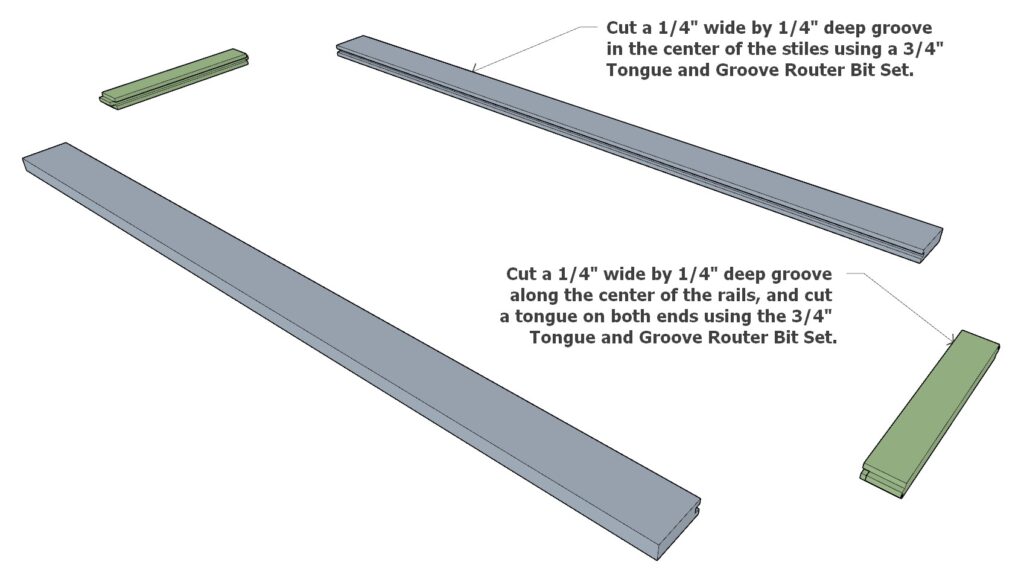 Shaker style cabinet door frame assembly pieces