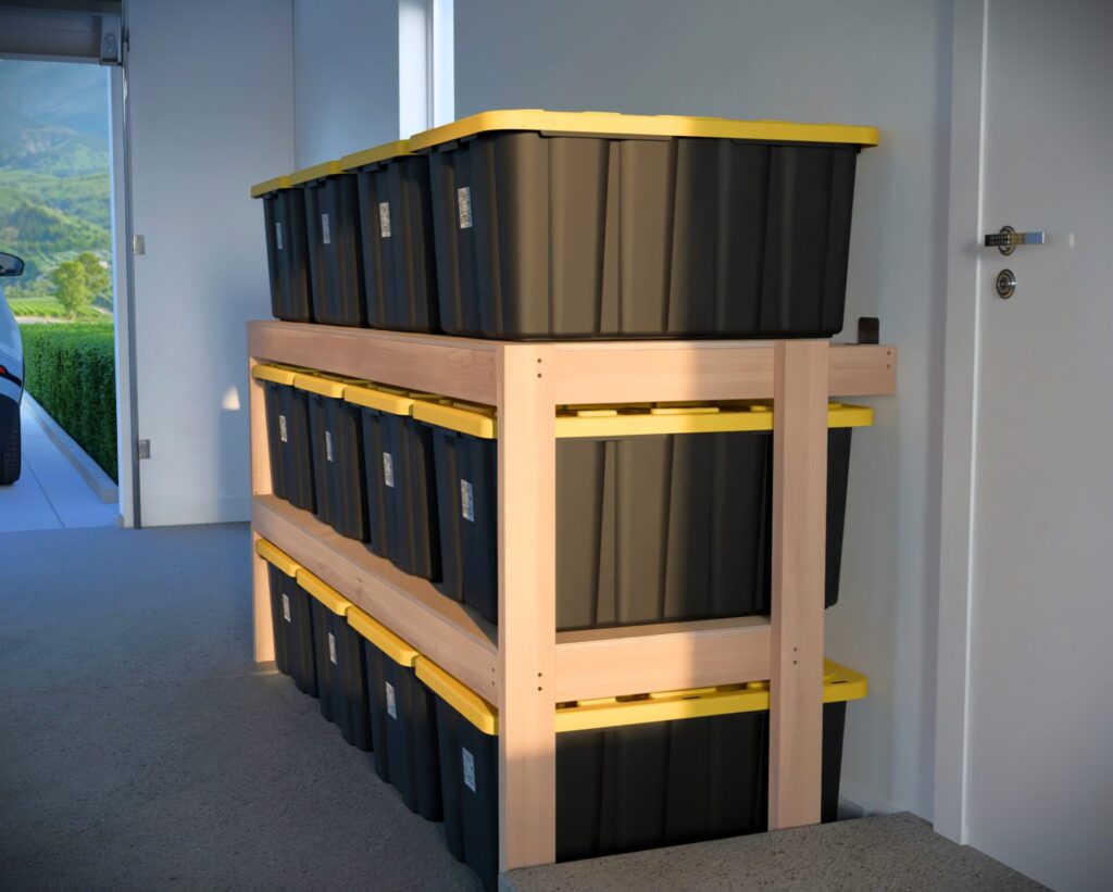 DIY garage shelving unit built with 2x4 lumber and plywood, designed to hold 27-gallon storage totes efficiently. The shelving features customizable configurations, making it a beginner-friendly and cost-effective storage solution for garages.