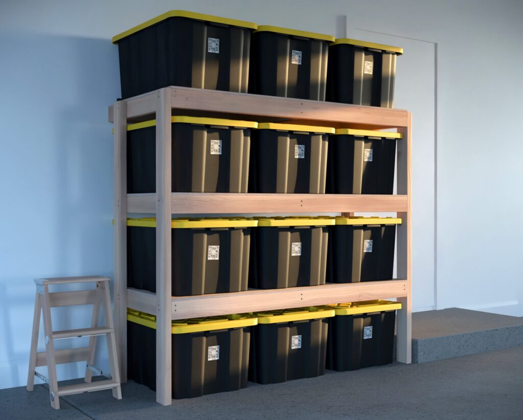 DIY garage shelving unit built with 2x4 lumber and plywood, designed to hold 27-gallon storage totes efficiently. The shelving features customizable configurations, making it a beginner-friendly and cost-effective storage solution for garages.