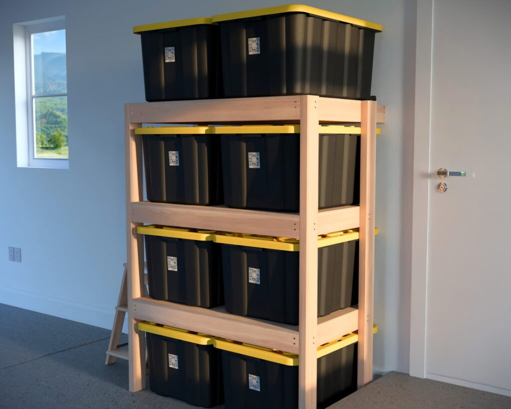 DIY garage shelving unit built with 2x4 lumber and plywood, designed to hold 27-gallon storage totes efficiently. The shelving features customizable configurations, making it a beginner-friendly and cost-effective storage solution for garages.