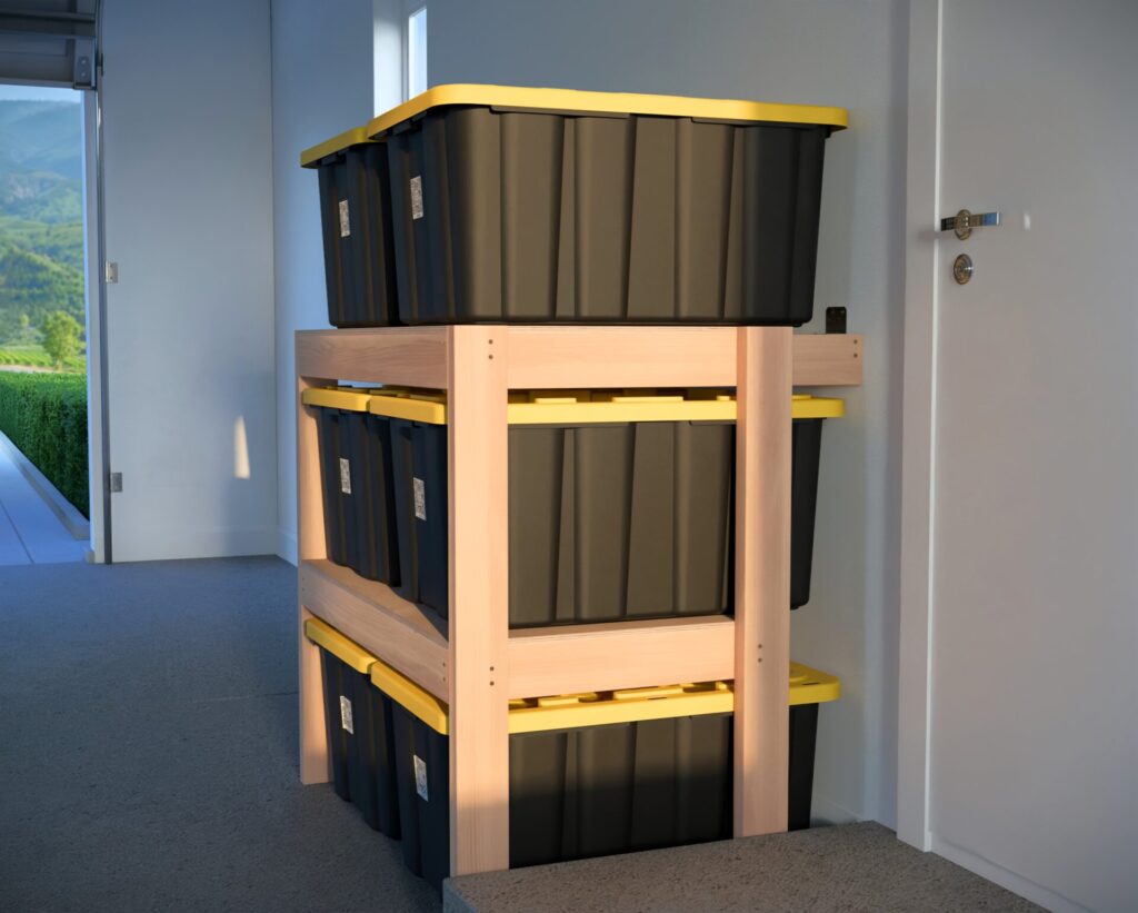 DIY garage shelving unit built with 2x4 lumber and plywood, designed to hold 27-gallon storage totes efficiently. The shelving features customizable configurations, making it a beginner-friendly and cost-effective storage solution for garages.