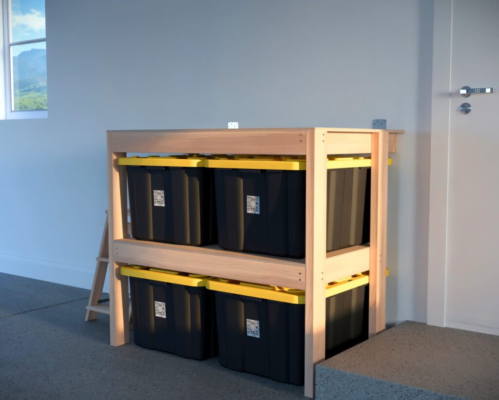 DIY garage shelving unit built with 2x4 lumber and plywood, designed to hold 27-gallon storage totes efficiently. The shelving features customizable configurations, making it a beginner-friendly and cost-effective storage solution for garages.