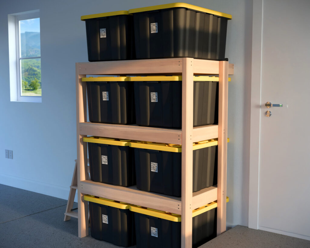DIY Garage Shelving for 27-Gallon Totes – 2 Wide x 4 Tall Configuration
