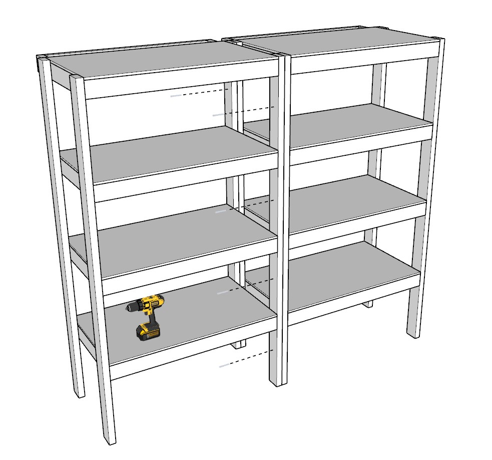 Securing the garage shelf units with screws