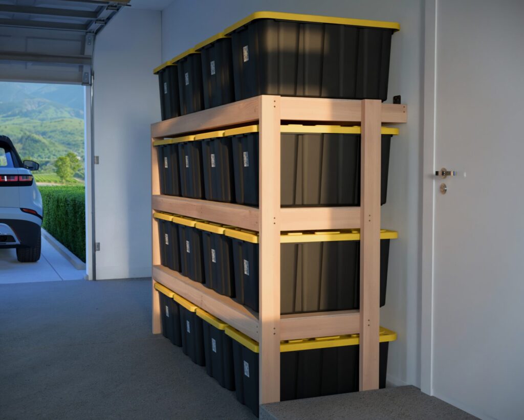 DIY garage shelving unit built with 2x4 lumber and plywood, designed to hold 27-gallon storage totes efficiently. The shelving features customizable configurations, making it a beginner-friendly and cost-effective storage solution for garages.