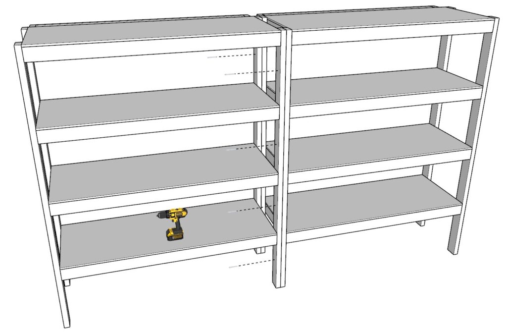 Securing the garage shelf units with screws