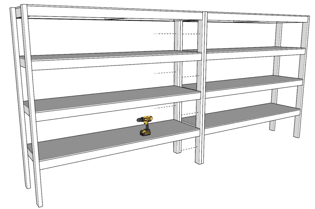 Securing the garage shelf units with screws