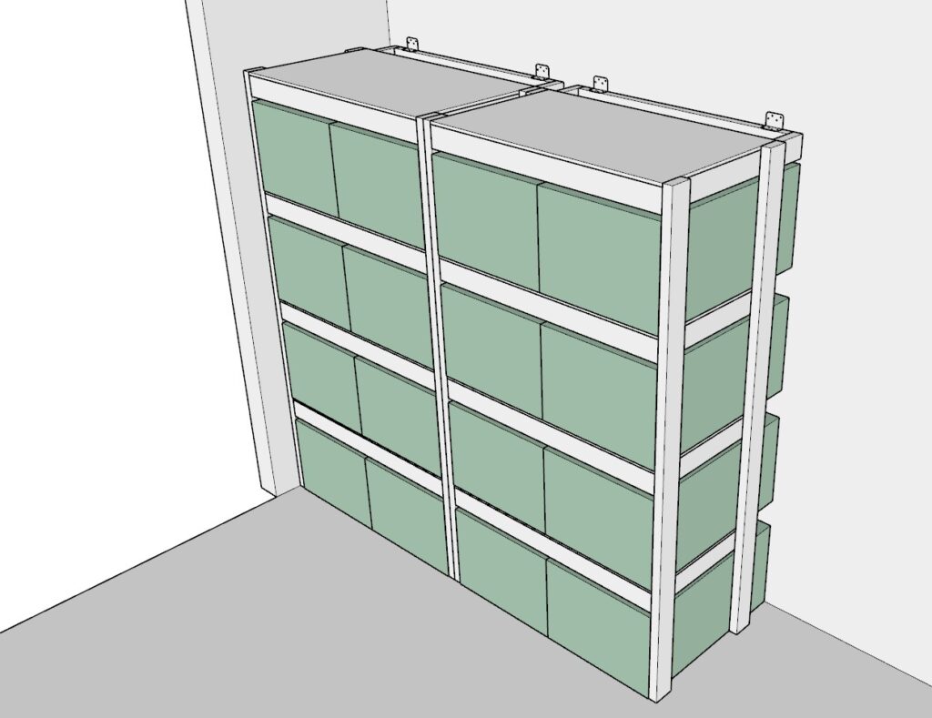 incorporating the garage shelves and securing them to the wall of the garage with a L shaped bracket