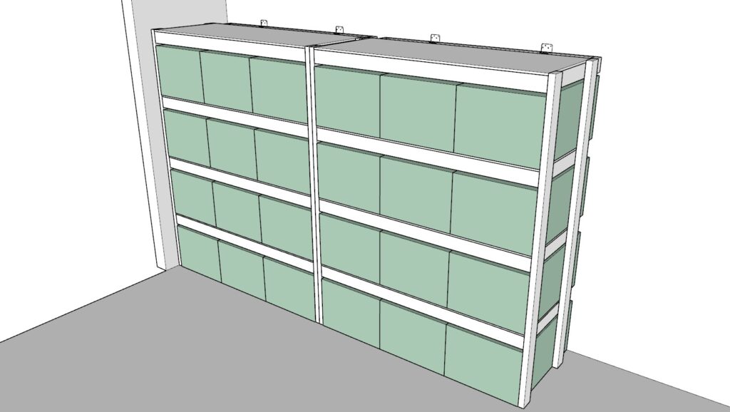 incorporating the garage shelves and securing them to the wall of the garage with a L shaped bracket