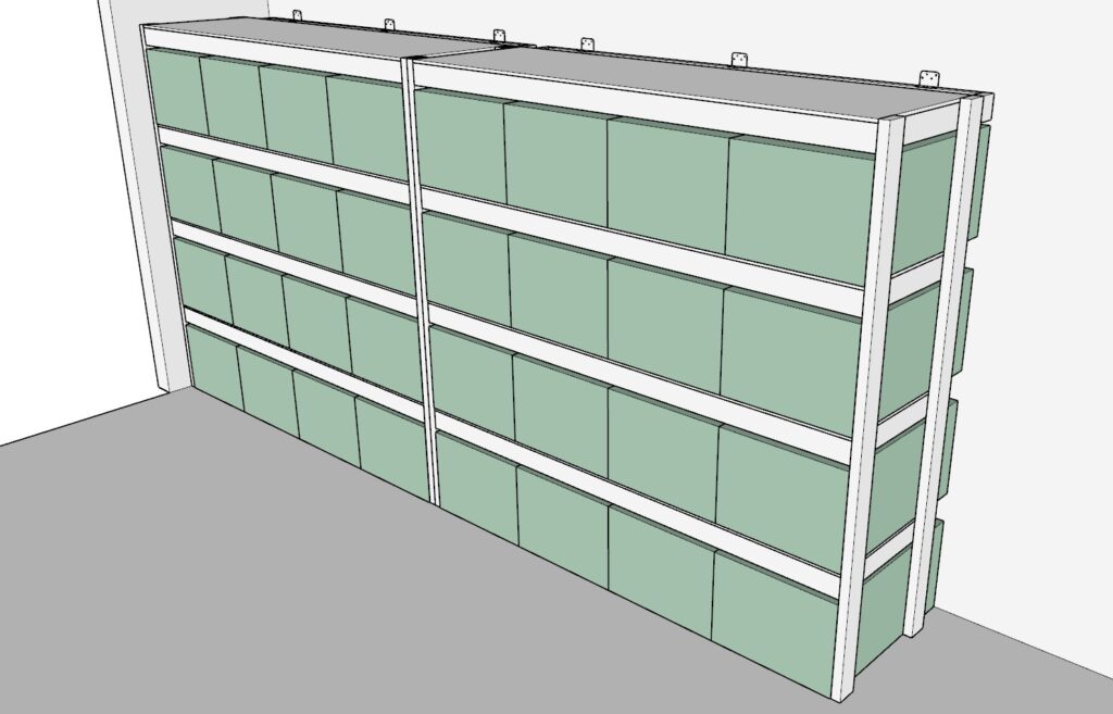 incorporating the garage shelves and securing them to the wall of the garage with a L shaped bracket