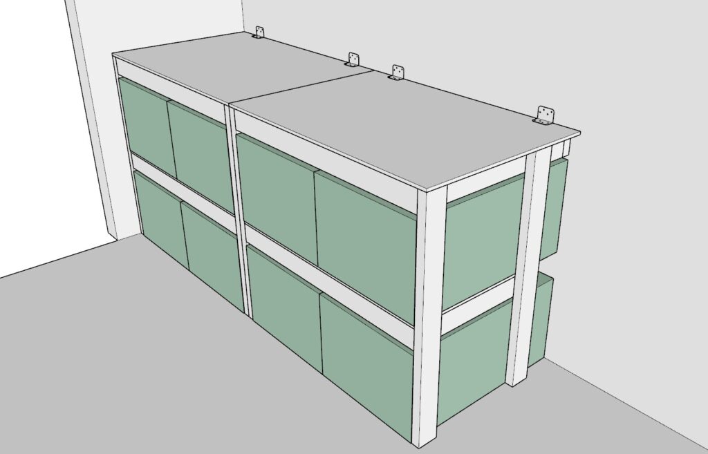 incorporating the garage shelves and securing them to the wall of the garage with a L shaped bracket