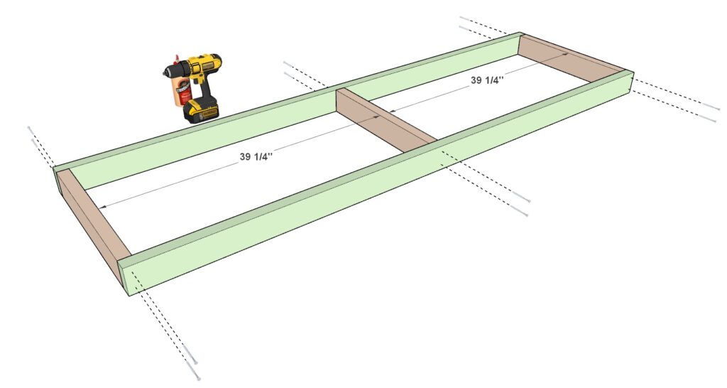 securing the garage shelf frame with screws and wood glue