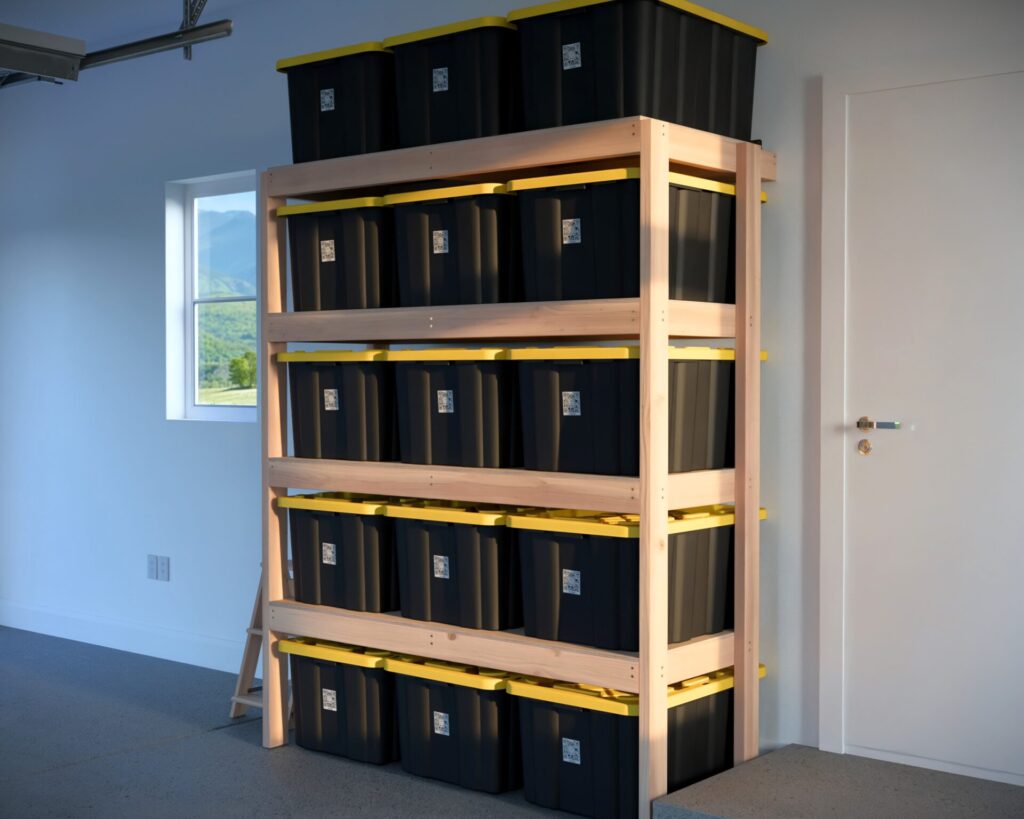 DIY garage shelving unit built with 2x4 lumber and plywood, designed to hold 27-gallon storage totes efficiently. The shelving features customizable configurations, making it a beginner-friendly and cost-effective storage solution for garages.