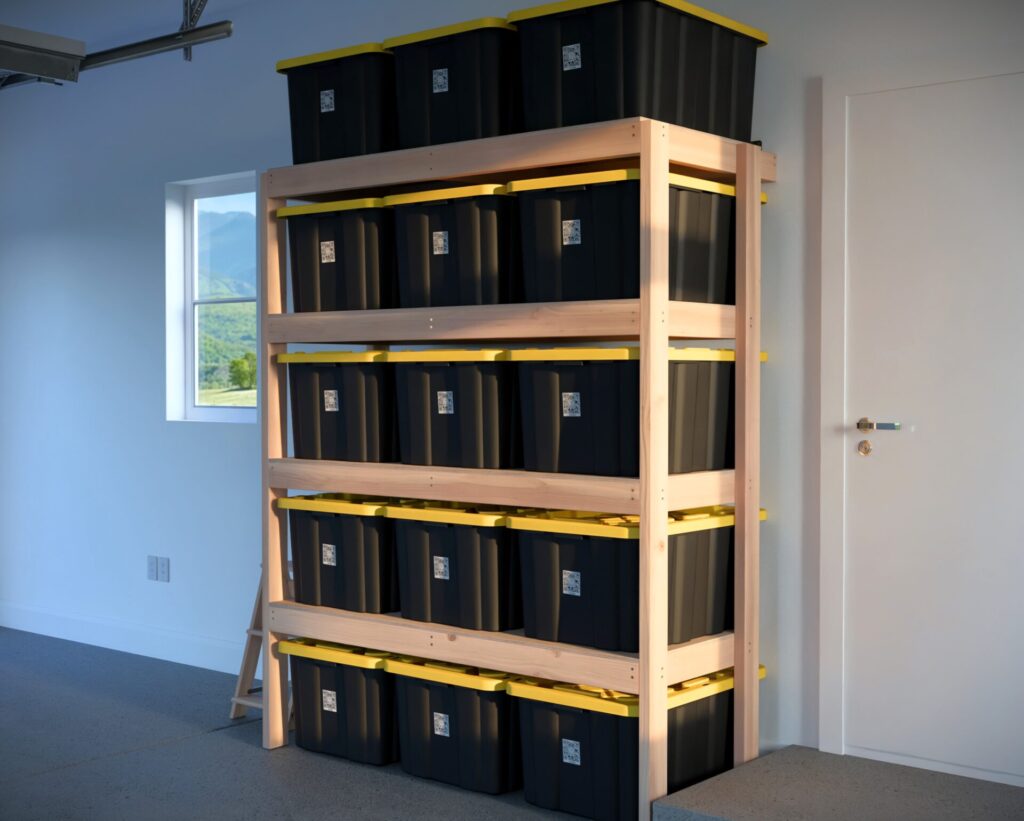 DIY garage shelving unit built with 2x4 lumber and plywood, designed to hold 27-gallon storage totes efficiently. The shelving features customizable configurations, making it a beginner-friendly and cost-effective storage solution for garages.