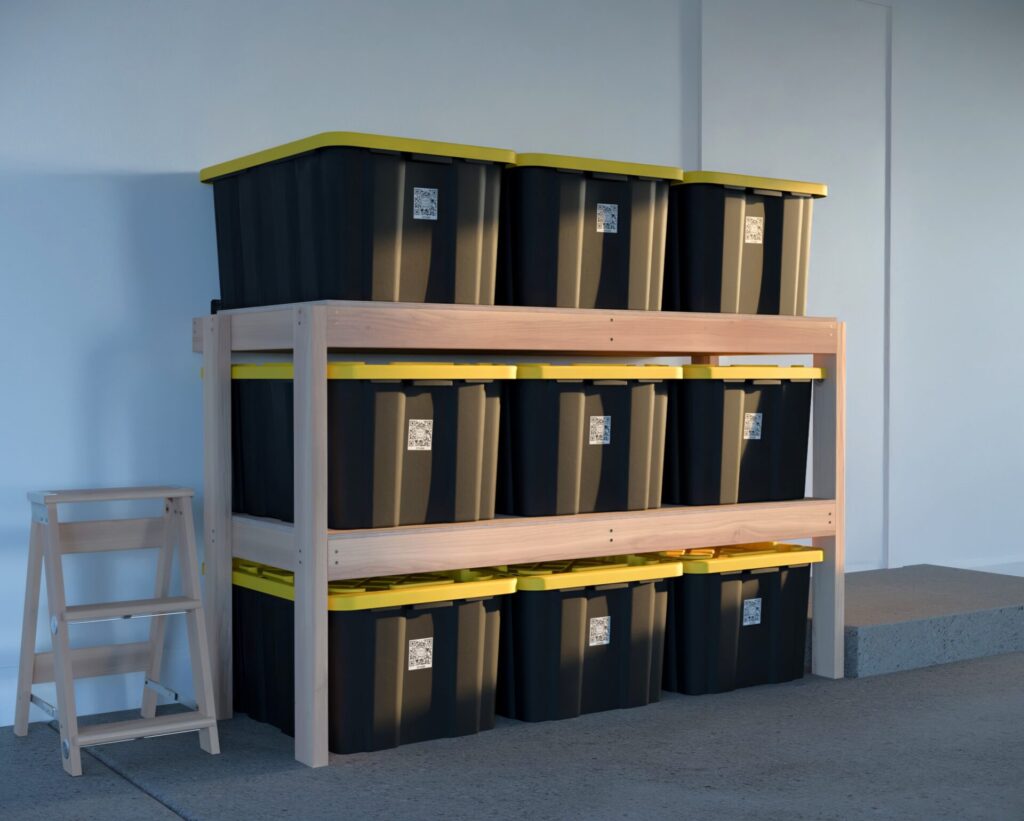 DIY garage shelving unit built with 2x4 lumber and plywood, designed to hold 27-gallon storage totes efficiently. The shelving features customizable configurations, making it a beginner-friendly and cost-effective storage solution for garages.