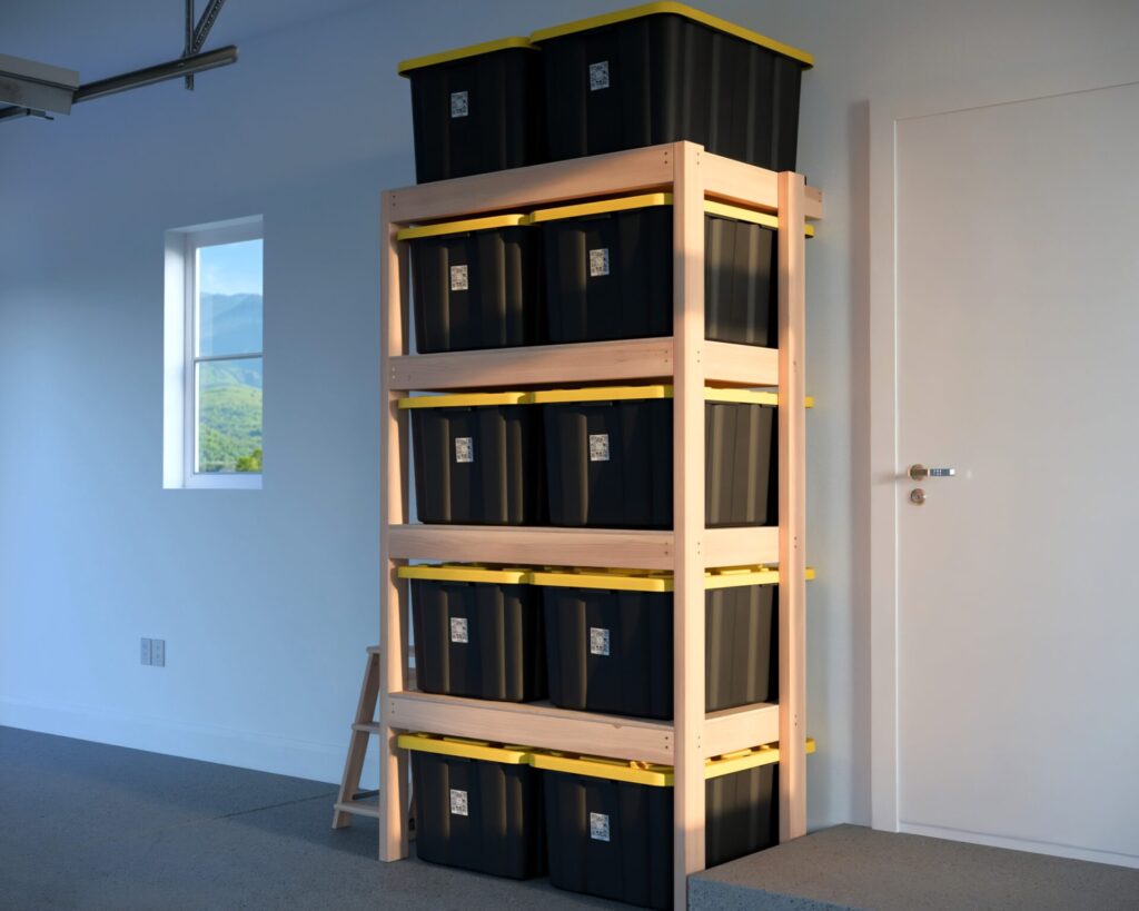 DIY garage shelving unit built with 2x4 lumber and plywood, designed to hold 27-gallon storage totes efficiently. The shelving features customizable configurations, making it a beginner-friendly and cost-effective storage solution for garages.