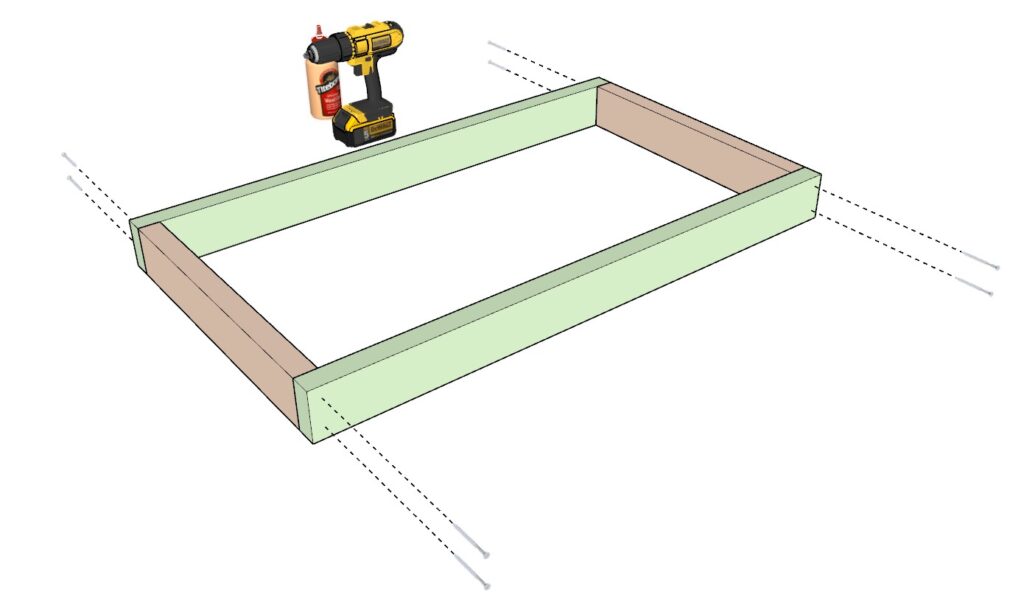 securing the garage shelf frame with screws and wood glue