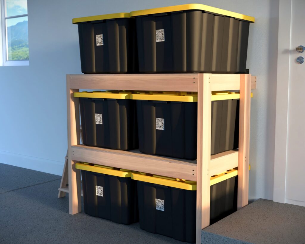 DIY garage shelving unit built with 2x4 lumber and plywood, designed to hold 27-gallon storage totes efficiently. The shelving features customizable configurations, making it a beginner-friendly and cost-effective storage solution for garages.