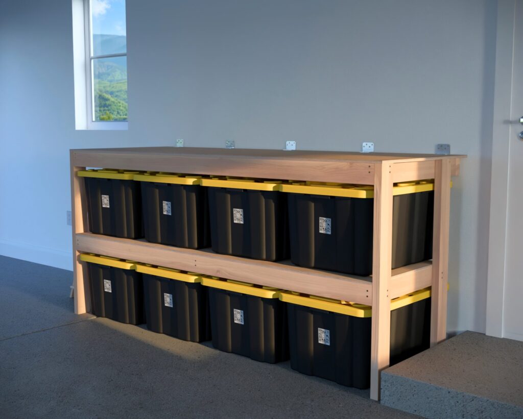 DIY garage shelving unit built with 2x4 lumber and plywood, designed to hold 27-gallon storage totes efficiently. The shelving features customizable configurations, making it a beginner-friendly and cost-effective storage solution for garages.