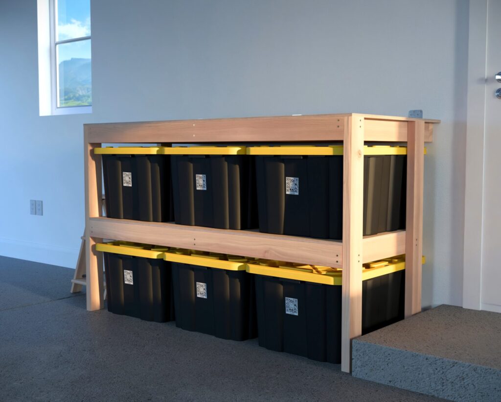 DIY garage shelving unit built with 2x4 lumber and plywood, designed to hold 27-gallon storage totes efficiently. The shelving features customizable configurations, making it a beginner-friendly and cost-effective storage solution for garages.