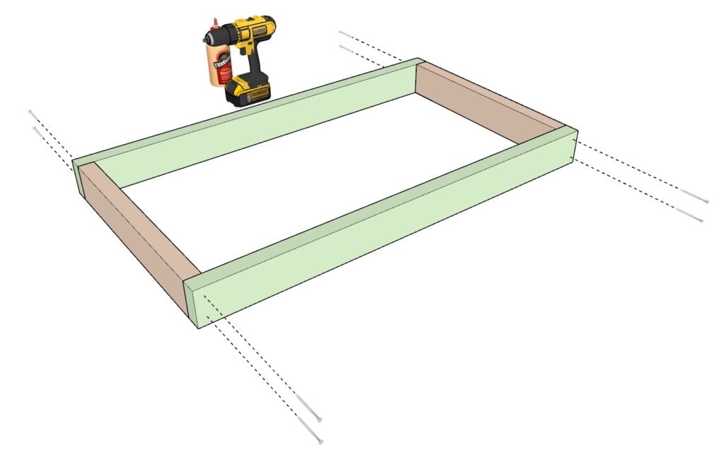 securing the garage shelf frame with screws and wood glue