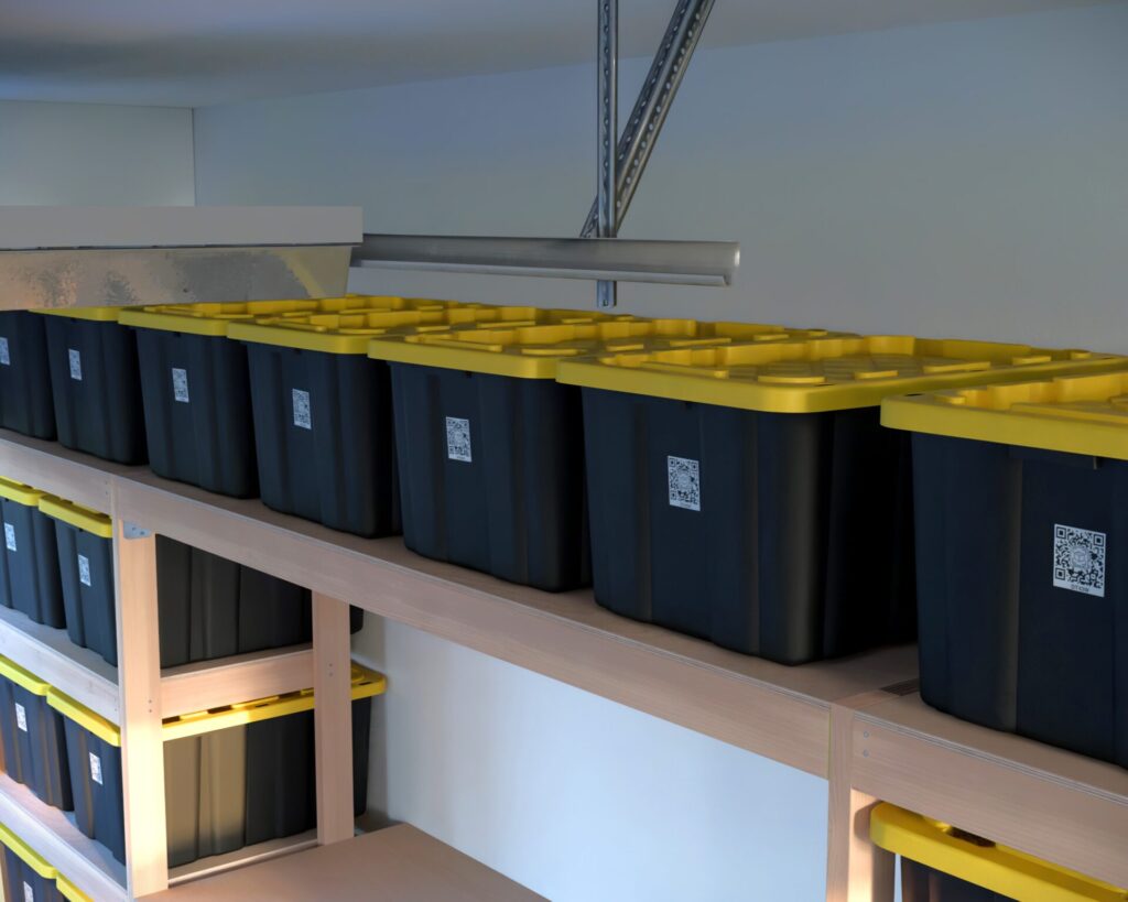 DIY garage shelving unit built with 2x4 lumber and plywood, designed to hold 27-gallon storage totes efficiently. The shelving features customizable configurations, making it a beginner-friendly and cost-effective storage solution for garages.