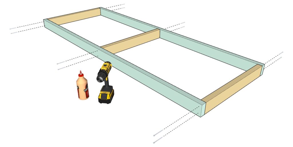 securing the garage shelf frame with screws and wood glue