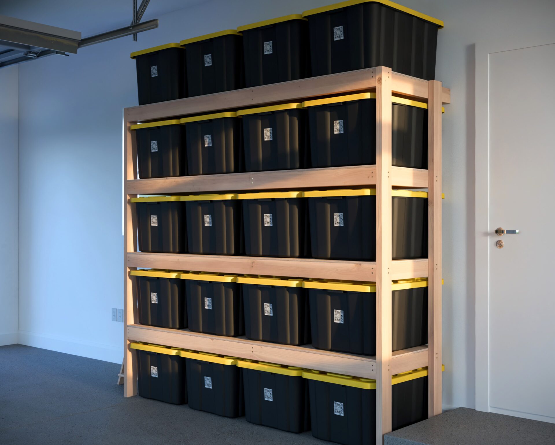 DIY garage shelving unit built with 2x4 lumber and plywood, designed to hold 27-gallon storage totes efficiently. The shelving features customizable configurations, making it a beginner-friendly and cost-effective storage solution for garages.