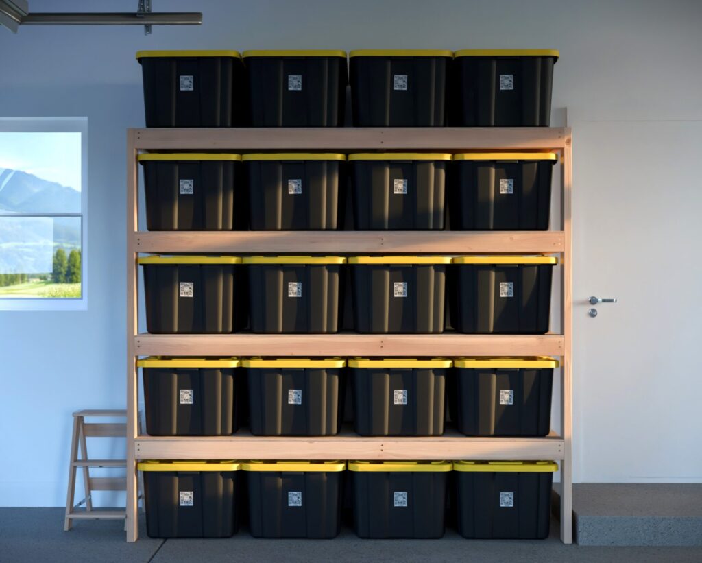 DIY garage shelving unit built with 2x4 lumber and plywood, designed to hold 27-gallon storage totes efficiently. The shelving features customizable configurations, making it a beginner-friendly and cost-effective storage solution for garages.