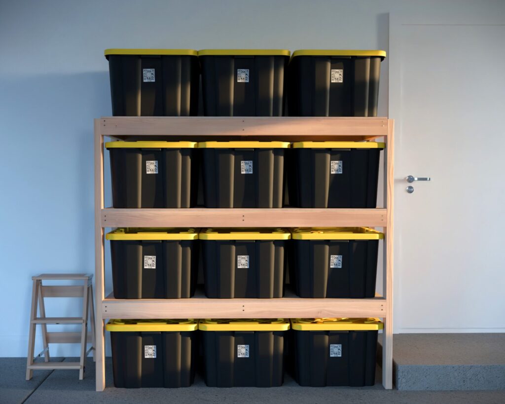 DIY garage shelving unit built with 2x4 lumber and plywood, designed to hold 27-gallon storage totes efficiently. The shelving features customizable configurations, making it a beginner-friendly and cost-effective storage solution for garages.