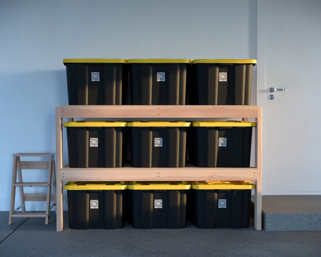 DIY garage shelving unit built with 2x4 lumber and plywood, designed to hold 27-gallon storage totes efficiently. The shelving features customizable configurations, making it a beginner-friendly and cost-effective storage solution for garages.