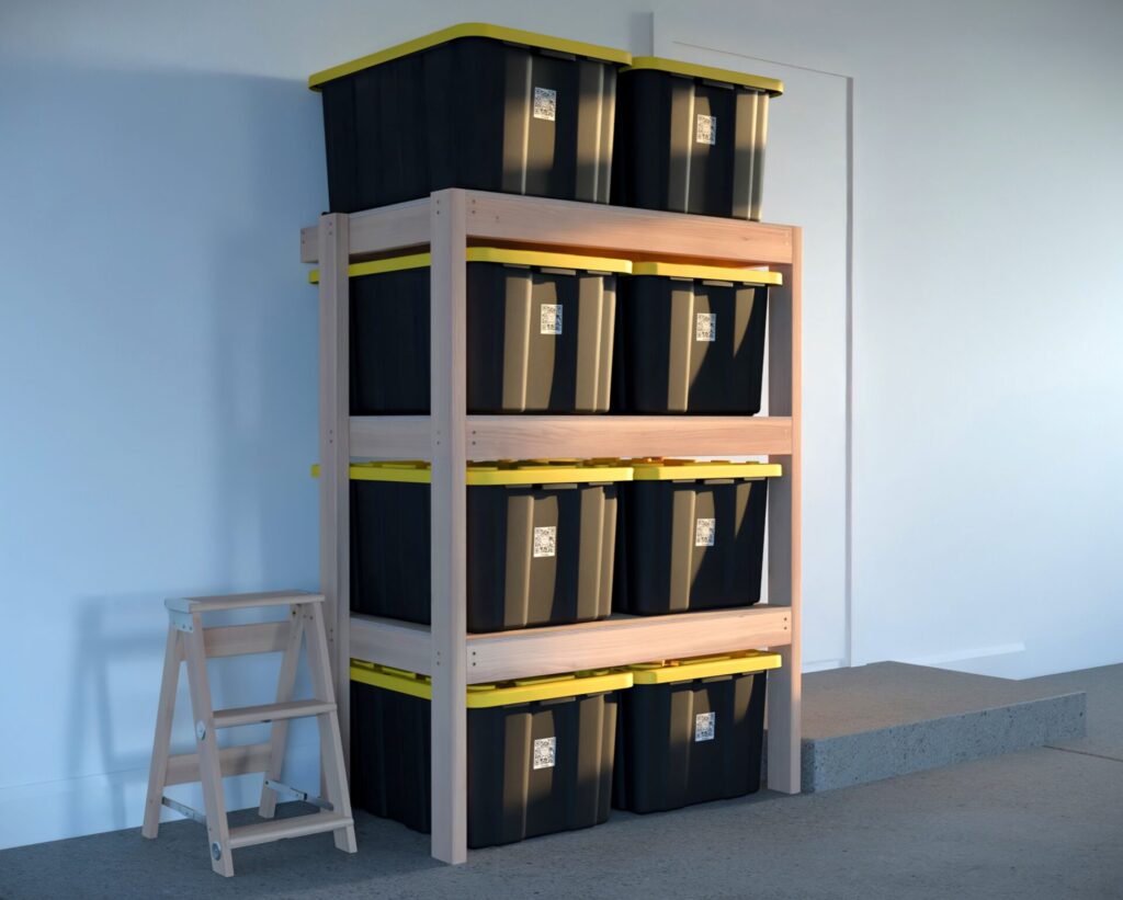 DIY garage shelving unit built with 2x4 lumber and plywood, designed to hold 27-gallon storage totes efficiently. The shelving features customizable configurations, making it a beginner-friendly and cost-effective storage solution for garages.