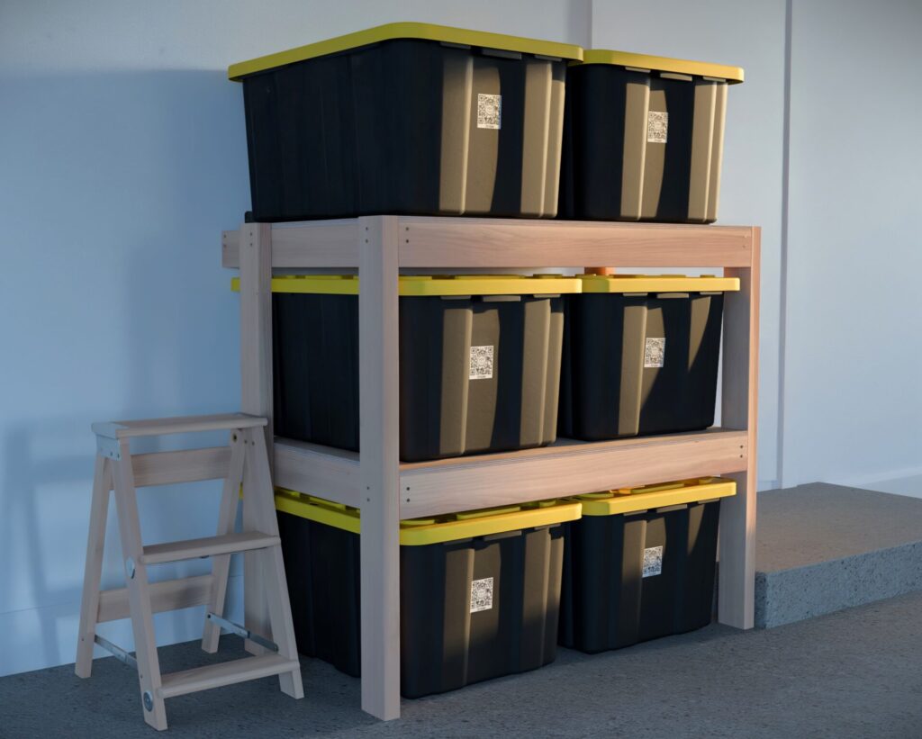 DIY garage shelving unit built with 2x4 lumber and plywood, designed to hold 27-gallon storage totes efficiently. The shelving features customizable configurations, making it a beginner-friendly and cost-effective storage solution for garages.