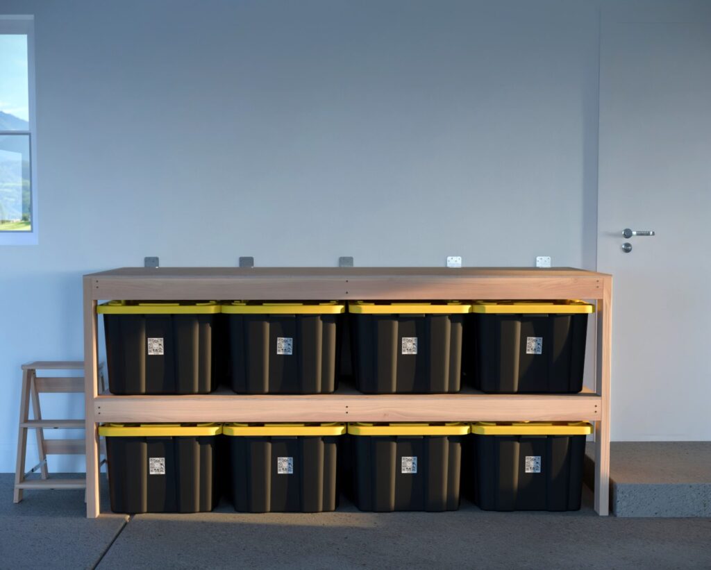 DIY garage shelving unit built with 2x4 lumber and plywood, designed to hold 27-gallon storage totes efficiently. The shelving features customizable configurations, making it a beginner-friendly and cost-effective storage solution for garages.