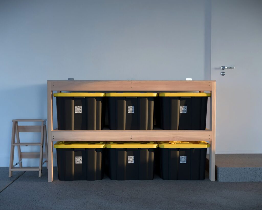 DIY garage shelving unit built with 2x4 lumber and plywood, designed to hold 27-gallon storage totes efficiently. The shelving features customizable configurations, making it a beginner-friendly and cost-effective storage solution for garages.