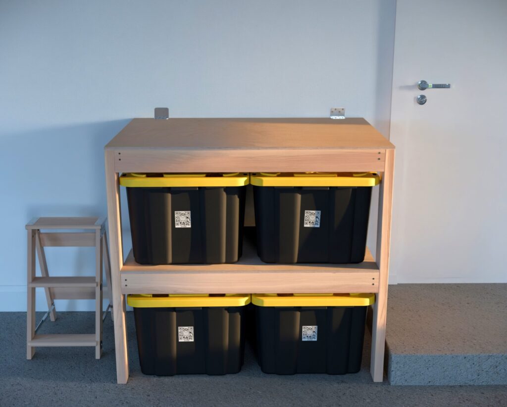 DIY garage shelving unit built with 2x4 lumber and plywood, designed to hold 27-gallon storage totes efficiently. The shelving features customizable configurations, making it a beginner-friendly and cost-effective storage solution for garages.