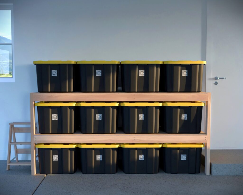 DIY garage shelving unit built with 2x4 lumber and plywood, designed to hold 27-gallon storage totes efficiently. The shelving features customizable configurations, making it a beginner-friendly and cost-effective storage solution for garages.