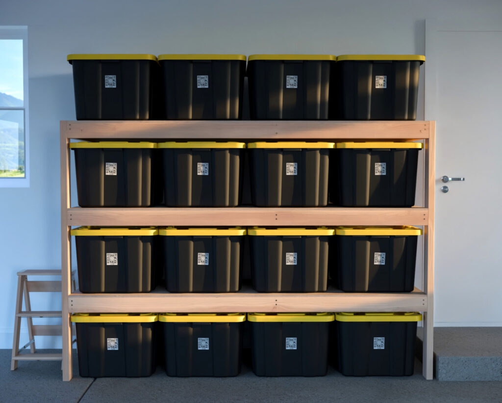 DIY garage shelving unit built with 2x4 lumber and plywood, designed to hold 27-gallon storage totes efficiently. The shelving features customizable configurations, making it a beginner-friendly and cost-effective storage solution for garages.