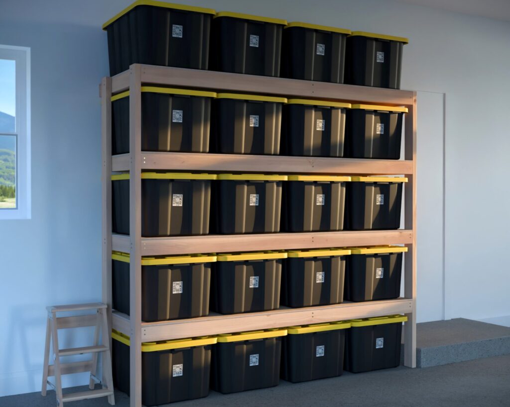 DIY garage shelving unit built with 2x4 lumber and plywood, designed to hold 27-gallon storage totes efficiently. The shelving features customizable configurations, making it a beginner-friendly and cost-effective storage solution for garages.